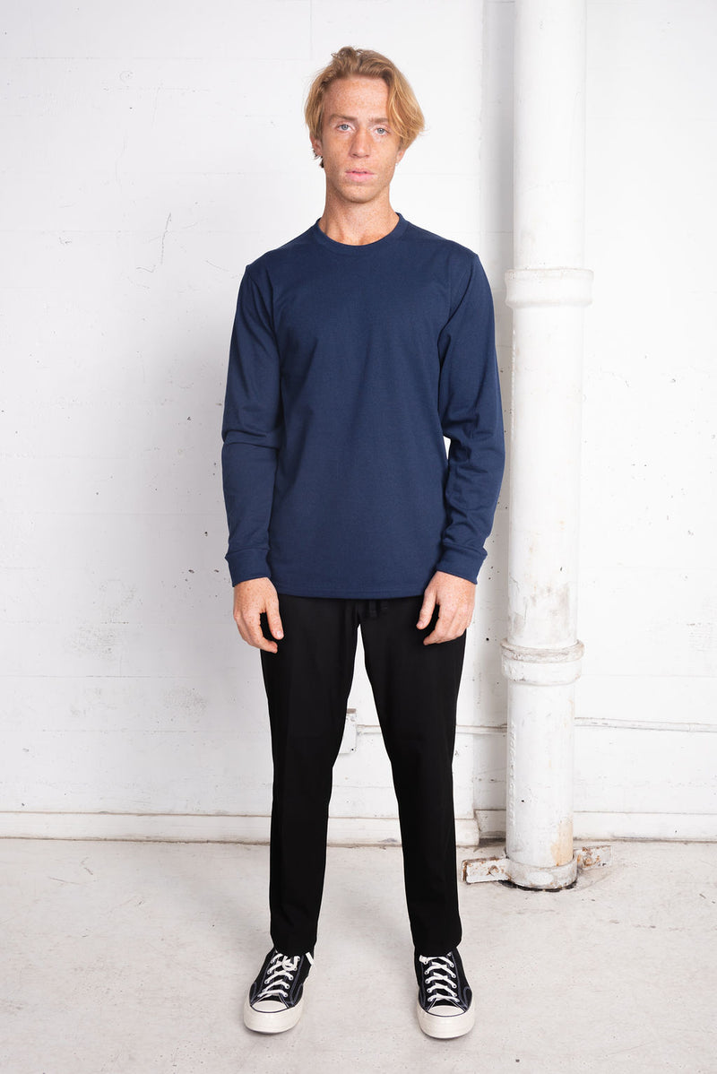 Men's Basic Sustainable Recycled Polyester Upcycled Cotton Long Sleeve T-Shirt Navy