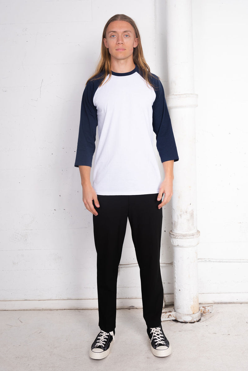 Men's Basic Sustainable Recycled Polyester Upcycled Cotton Raglan T-Shirt Navy White